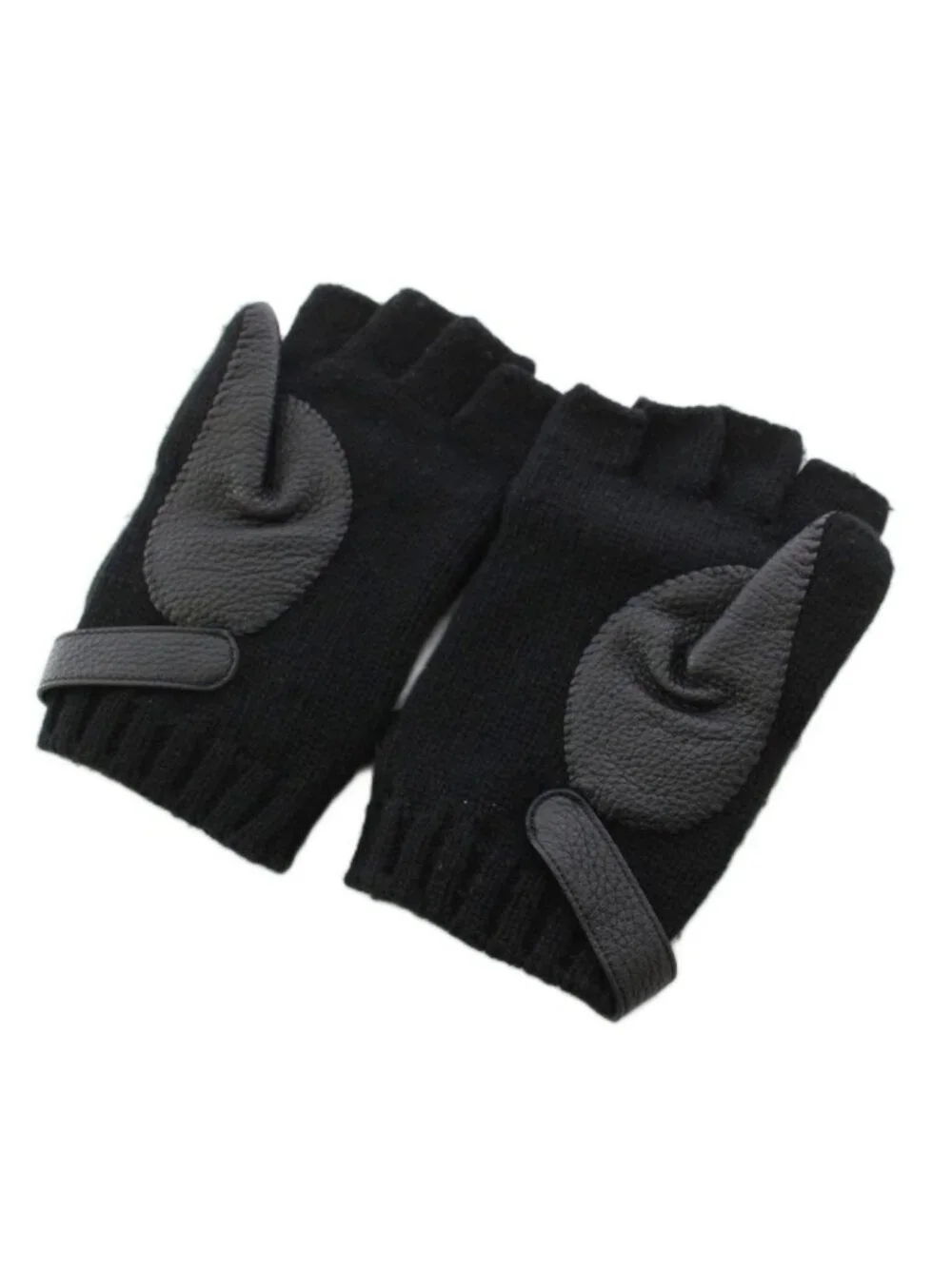 Hermes Knit Gloves Cashmere Deerskin Leather Sellier Buttons Black KH